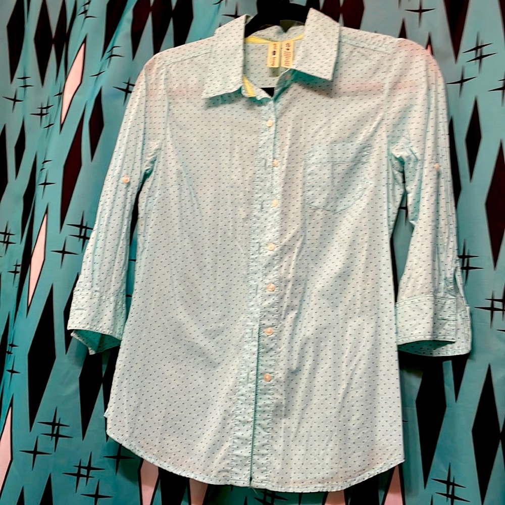 Mint Micro Dot Collared Button Down Quarter Sleeve Blouse-sz Sm